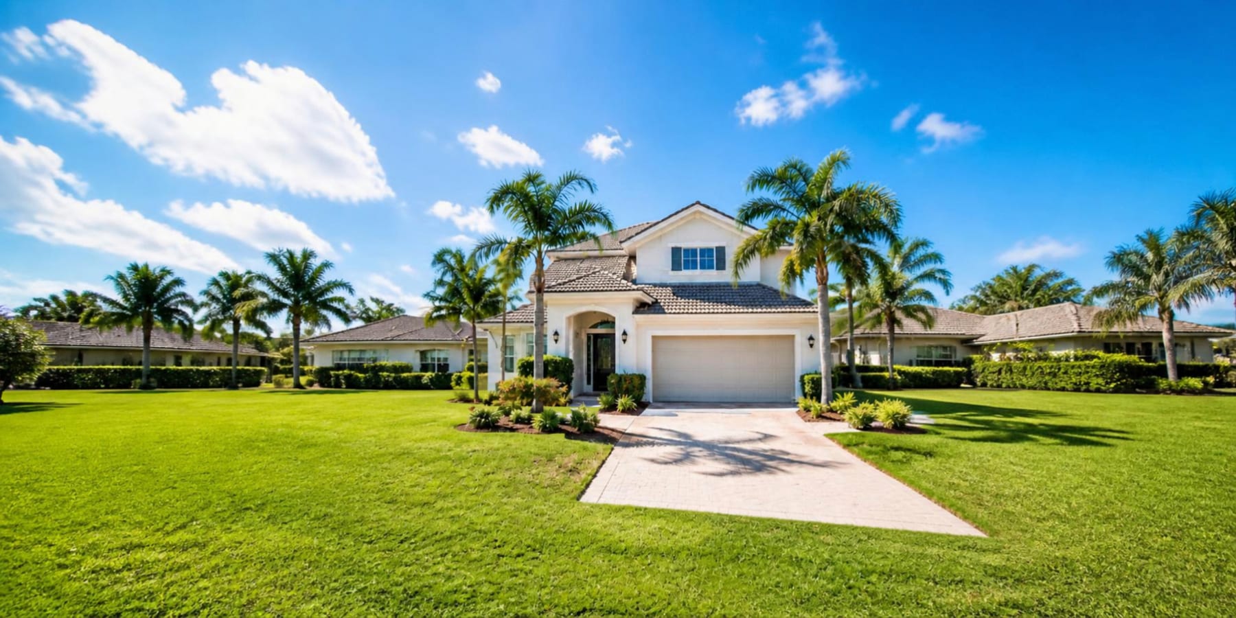 Casa de dos pisos en el centro de Florida con palmeras y césped verde